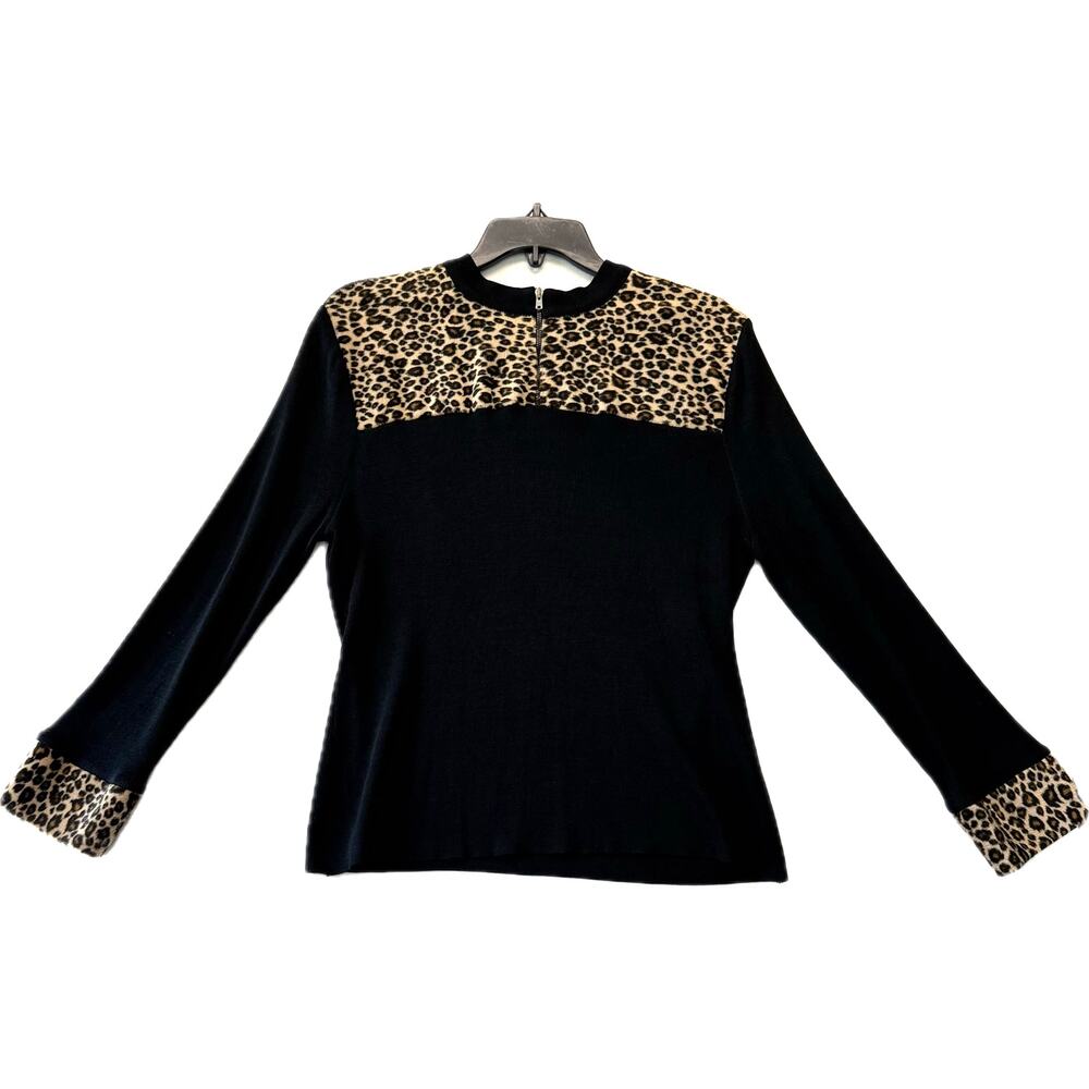 JOSEPH A. Silk Quarter Zip Pullover Sweater Top Women's Size XL Black Leopard